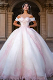 White and Pink Ball Gown Princess Tulle Long Quinceanera Dress with Appliques