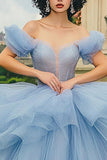 Glitter Dusty Blue Ball Gown Long Off the Shoulder Quinceanera Dress with Ruffles
