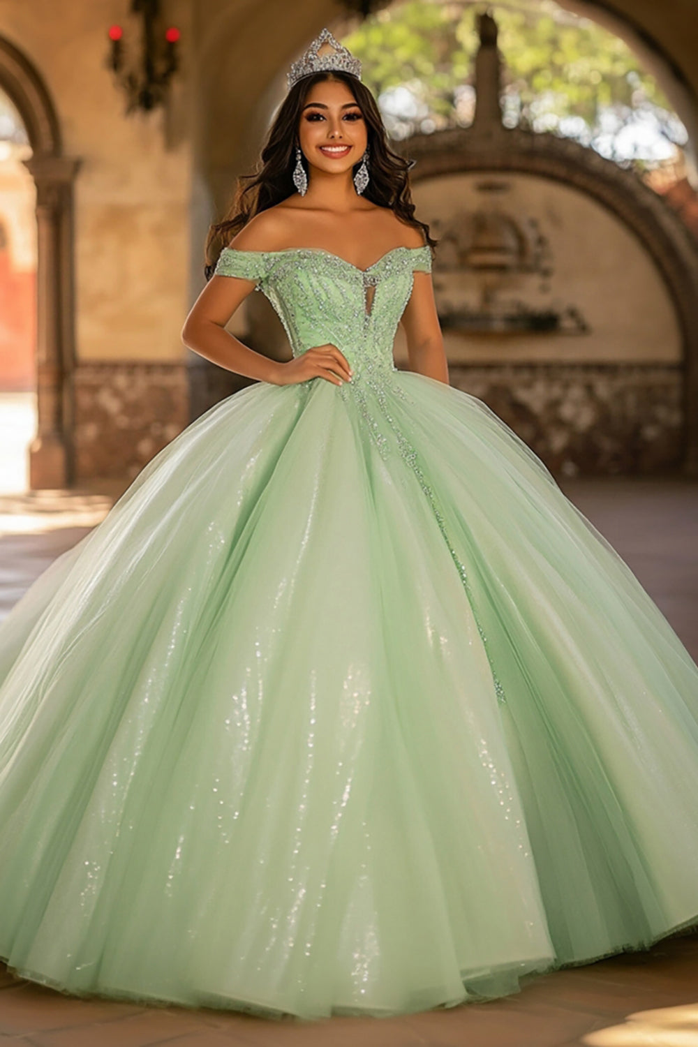 Glitter Light Tulle Green Ball Gown Long Quinceanera Dress with Appliques