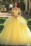 Yellow Ball Gown Appliqued Tulle Long Quinceanera Dress with Ruffles