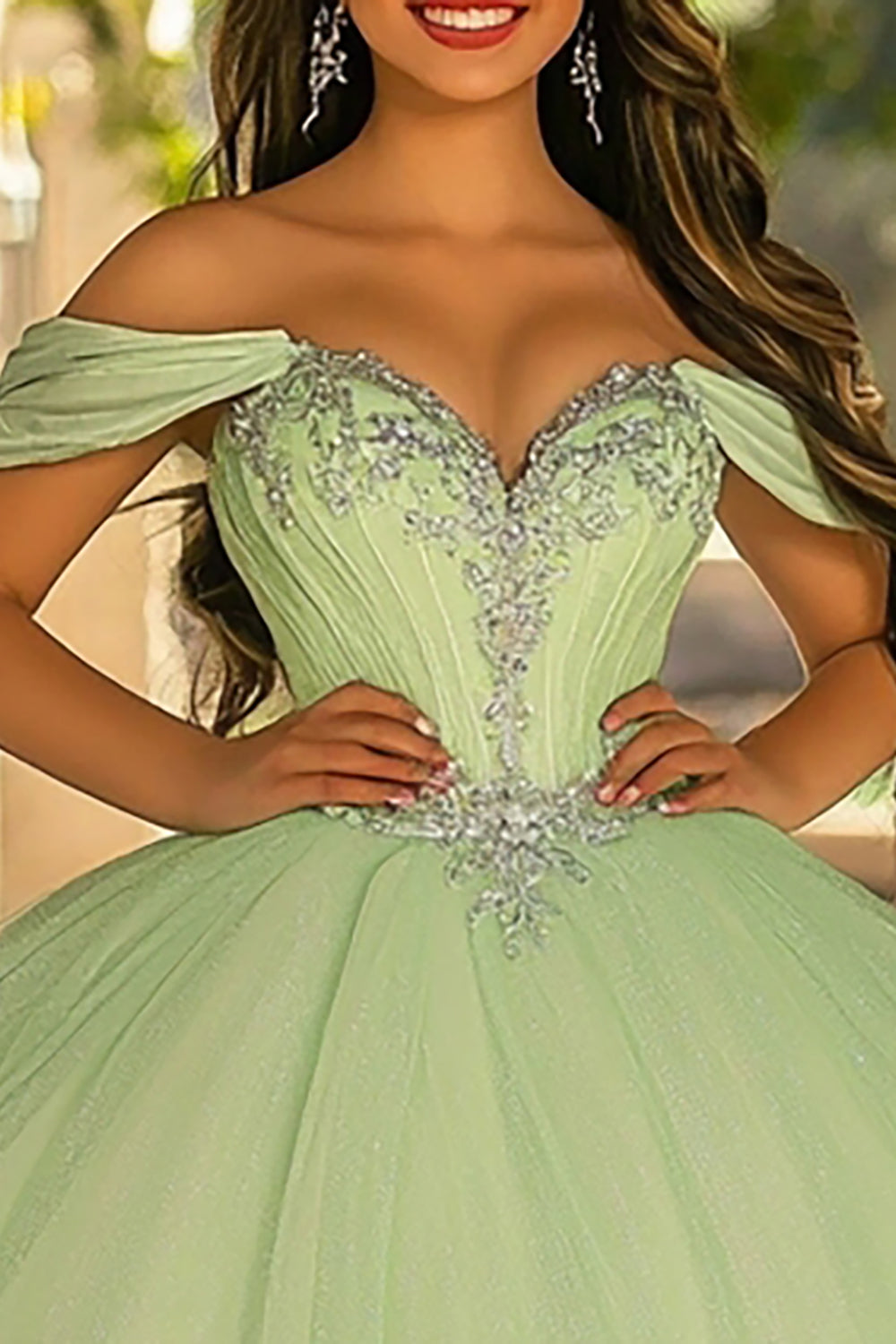 Glitter Light Green Ball Gown Long Tulle Quinceanera Dress with Appliques