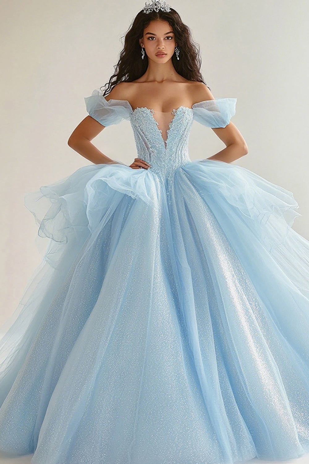 Sky Blue Ball Gown Princess Glitter Long Tulle Quinceanera Dress with Ruffles