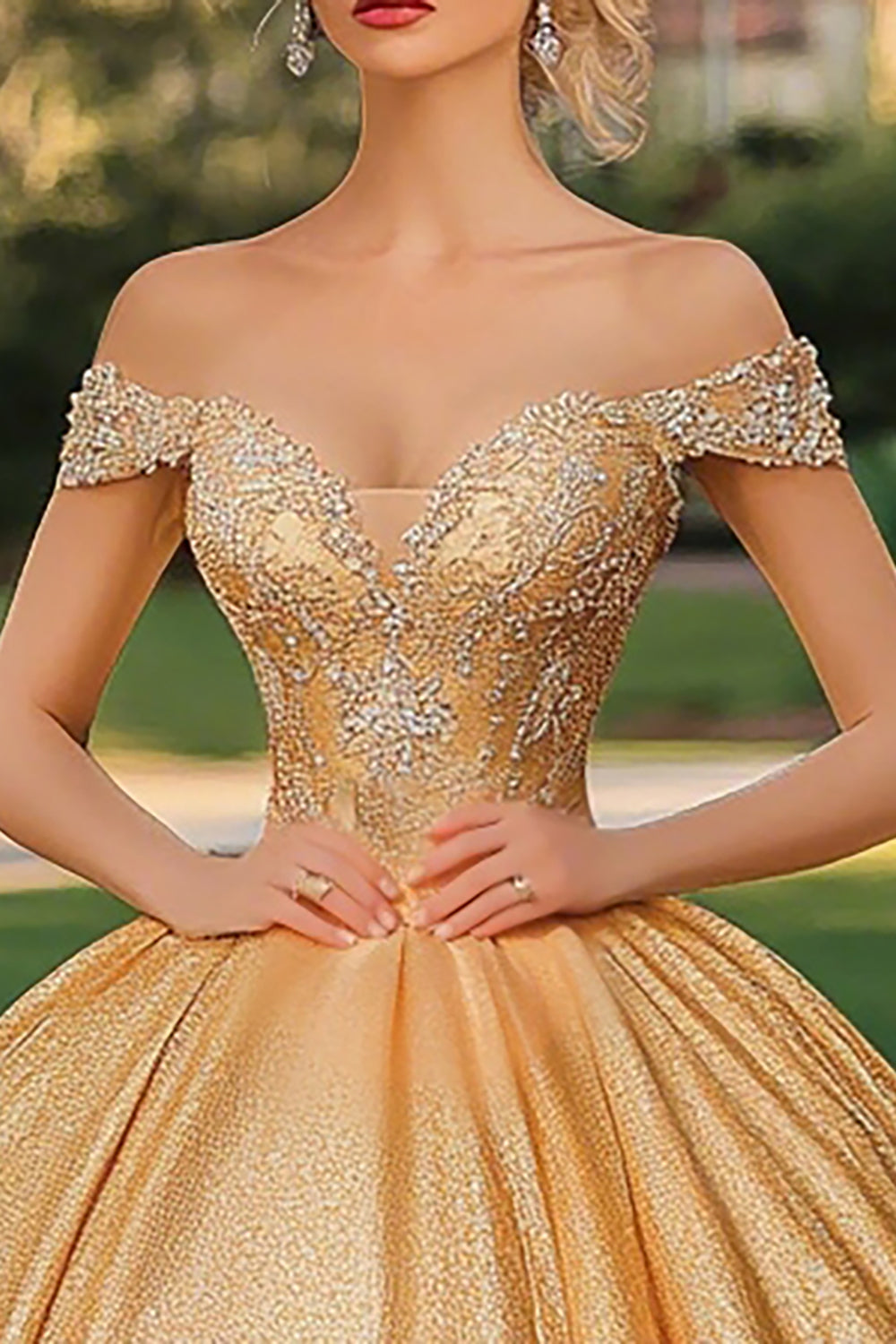 Glitter Gold Ball Gown Off the Shoulder Princess Long Quinceanera Dress with Appliques
