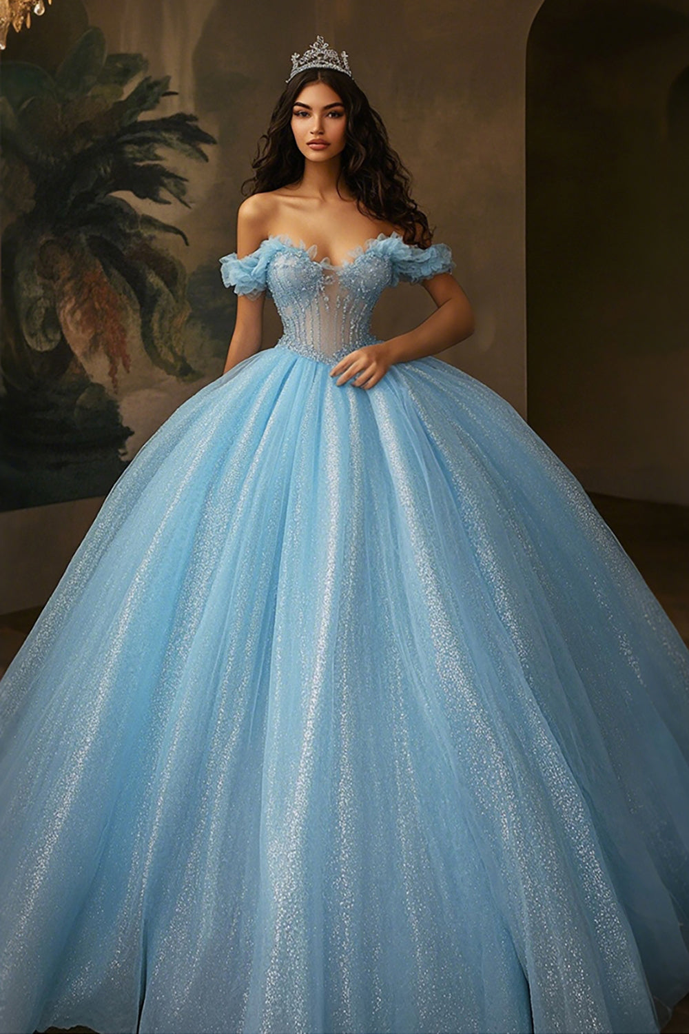 Sky Blue Glitter Corset Ball Gown Long Princess Quinceanera Dress with Ruffles