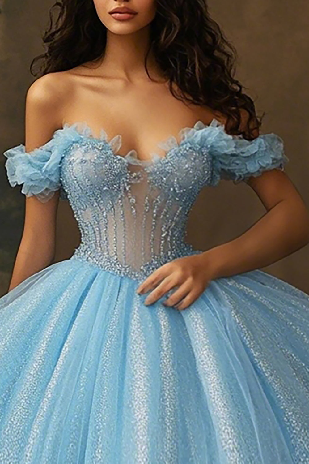 Sky Blue Glitter Corset Ball Gown Long Princess Quinceanera Dress with Ruffles