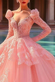 Pink Ball Gown Tulle Long Sleeves Princess Quinceanera Dress with Ruffles