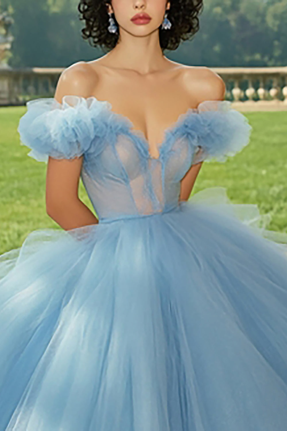 Sky Blue Ball Gown Princess Tulle Long Quinceanera Dress with Ruffles