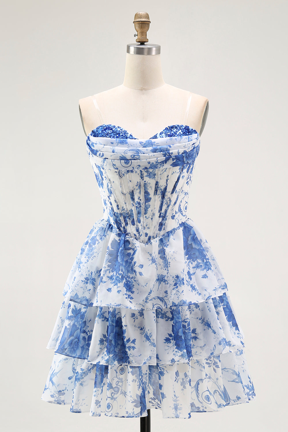 Strapless White Blue Flower Corset A-Line Tiered Ruffle Cocktail Dress