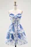 Strapless White Blue Flower Corset A-Line Tiered Ruffle Cocktail Dress