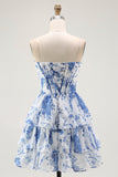 Strapless White Blue Flower Corset A-Line Tiered Ruffle Cocktail Dress