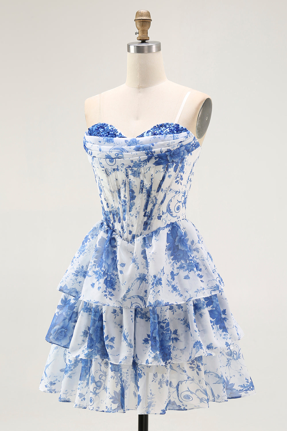 Strapless White Blue Flower Corset A-Line Tiered Ruffle Cocktail Dress