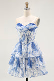 Strapless White Blue Flower Corset A-Line Tiered Ruffle Cocktail Dress