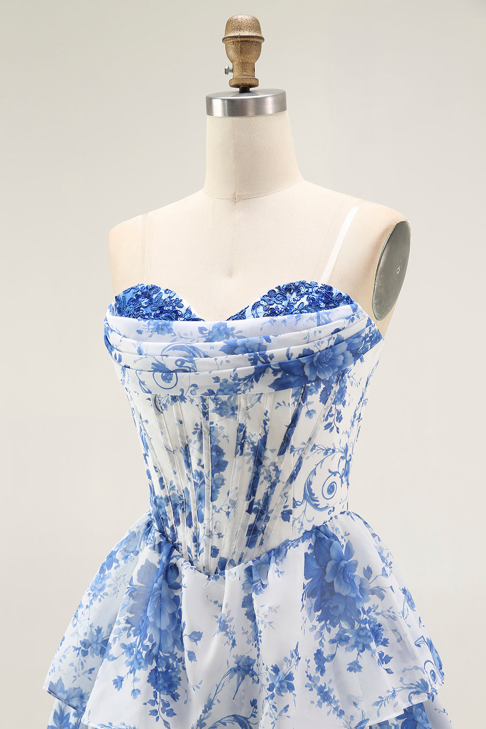 Strapless White Blue Flower Corset A-Line Tiered Ruffle Cocktail Dress
