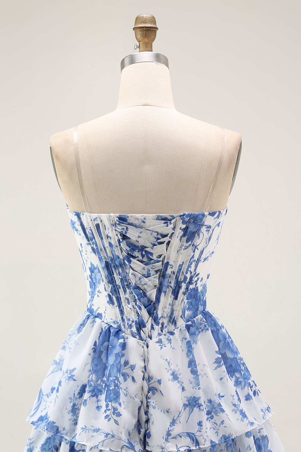 Strapless White Blue Flower Corset A-Line Tiered Ruffle Cocktail Dress
