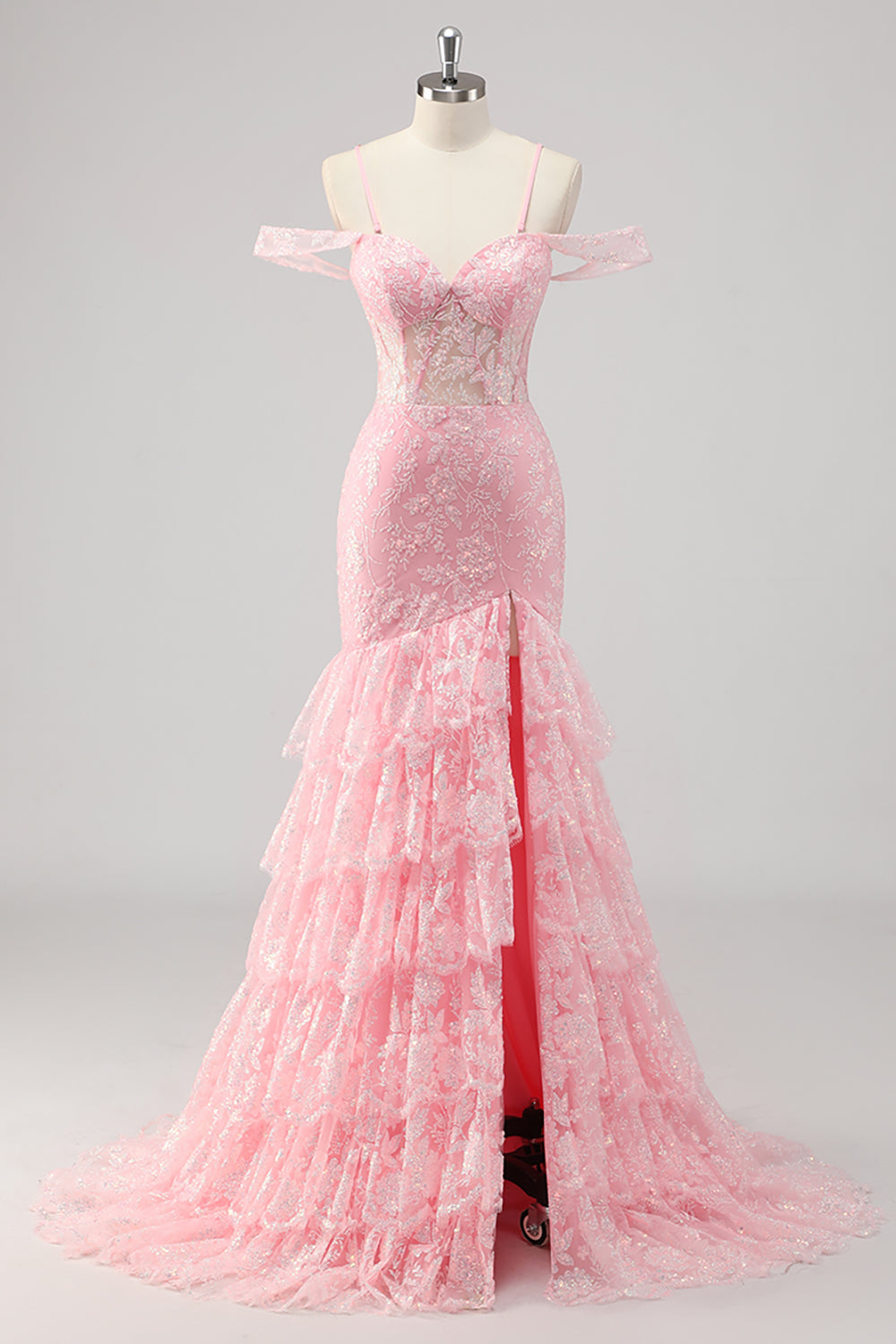 Corset Mermaid Cold Shoulder Appliqued Pink Prom Dress