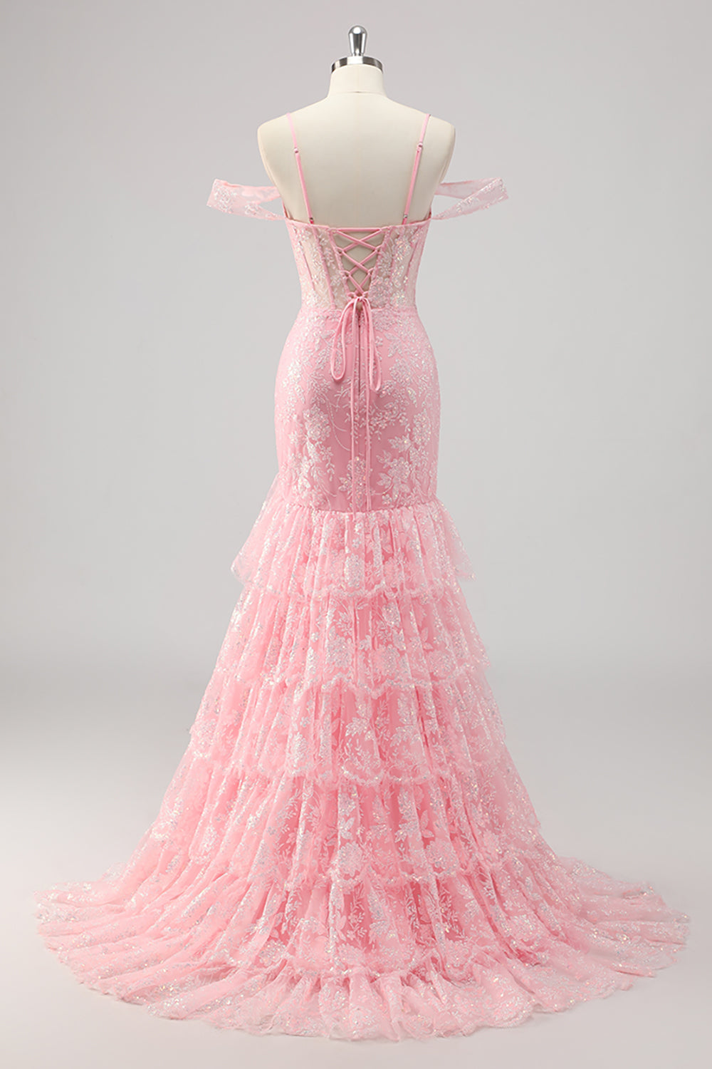 Corset Mermaid Cold Shoulder Appliqued Pink Prom Dress