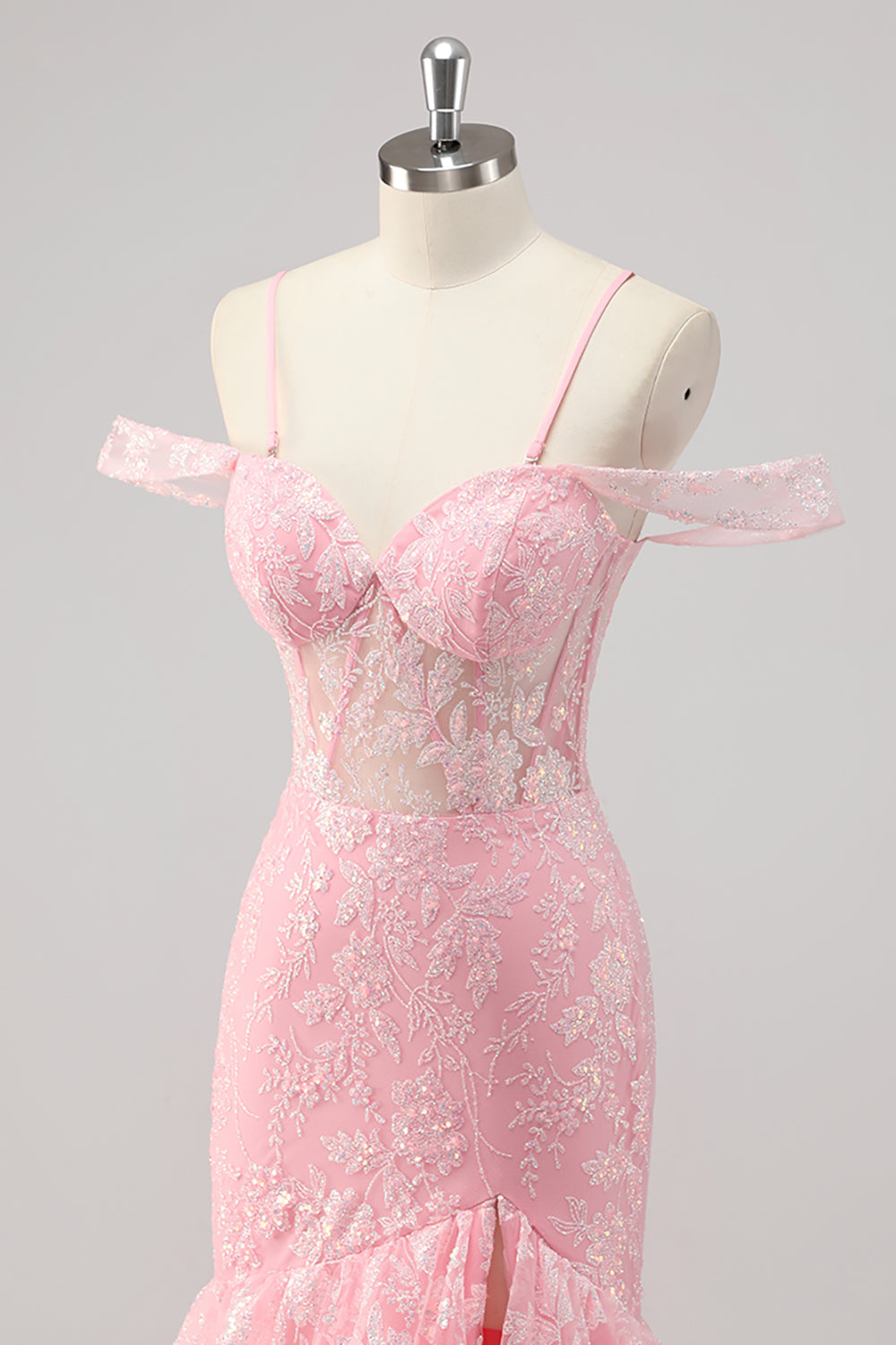 Corset Mermaid Cold Shoulder Appliqued Pink Prom Dress