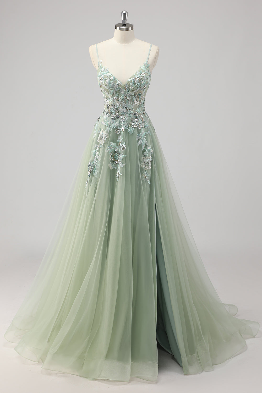 Green Sequin A Line Appliqued Prom Dress with Slit