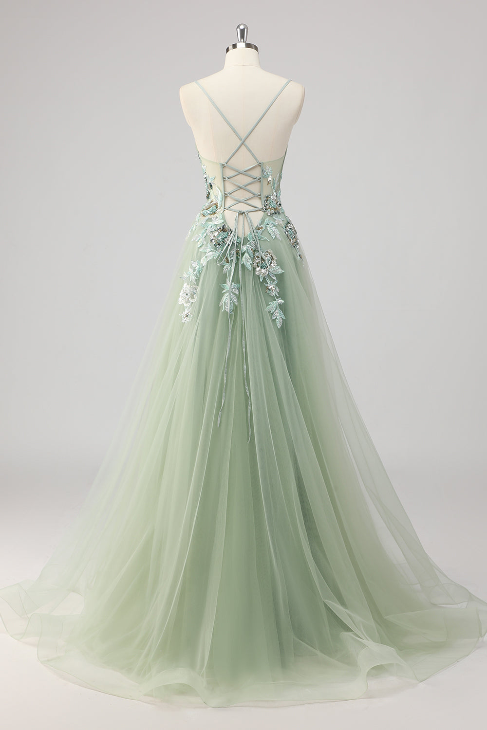 Green Sequin A Line Appliqued Prom Dress with Slit