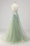 Green Sequin A Line Appliqued Prom Dress with Slit