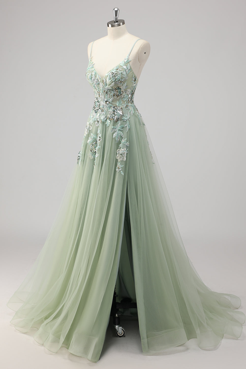Green Sequin A Line Appliqued Prom Dress with Slit