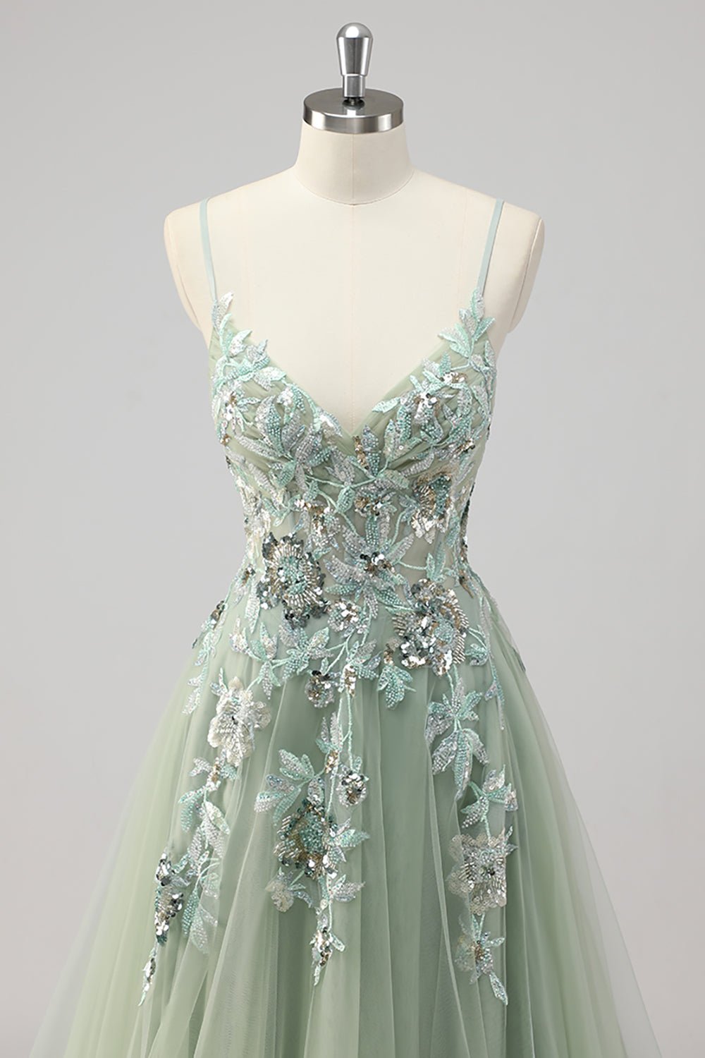 Green Sequin A Line Appliqued Prom Dress with Slit