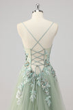 Green Sequin A Line Appliqued Prom Dress with Slit
