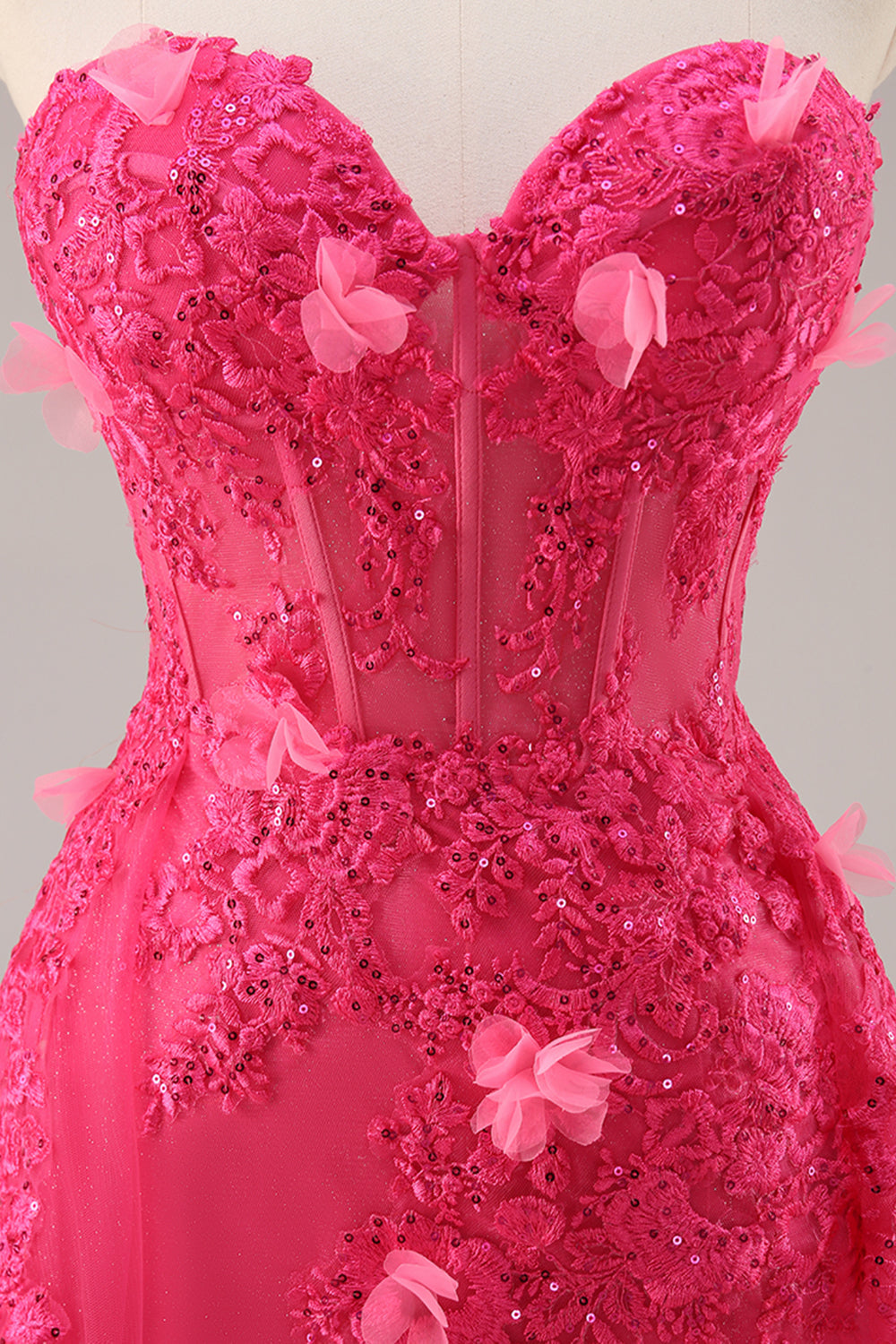 Fuchsia Corset Slit Strapless Long Prom Dress with Appliques