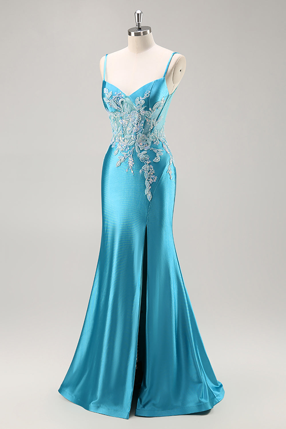 Mermaid Satin Corset Blue Prom Dress with Beadings
