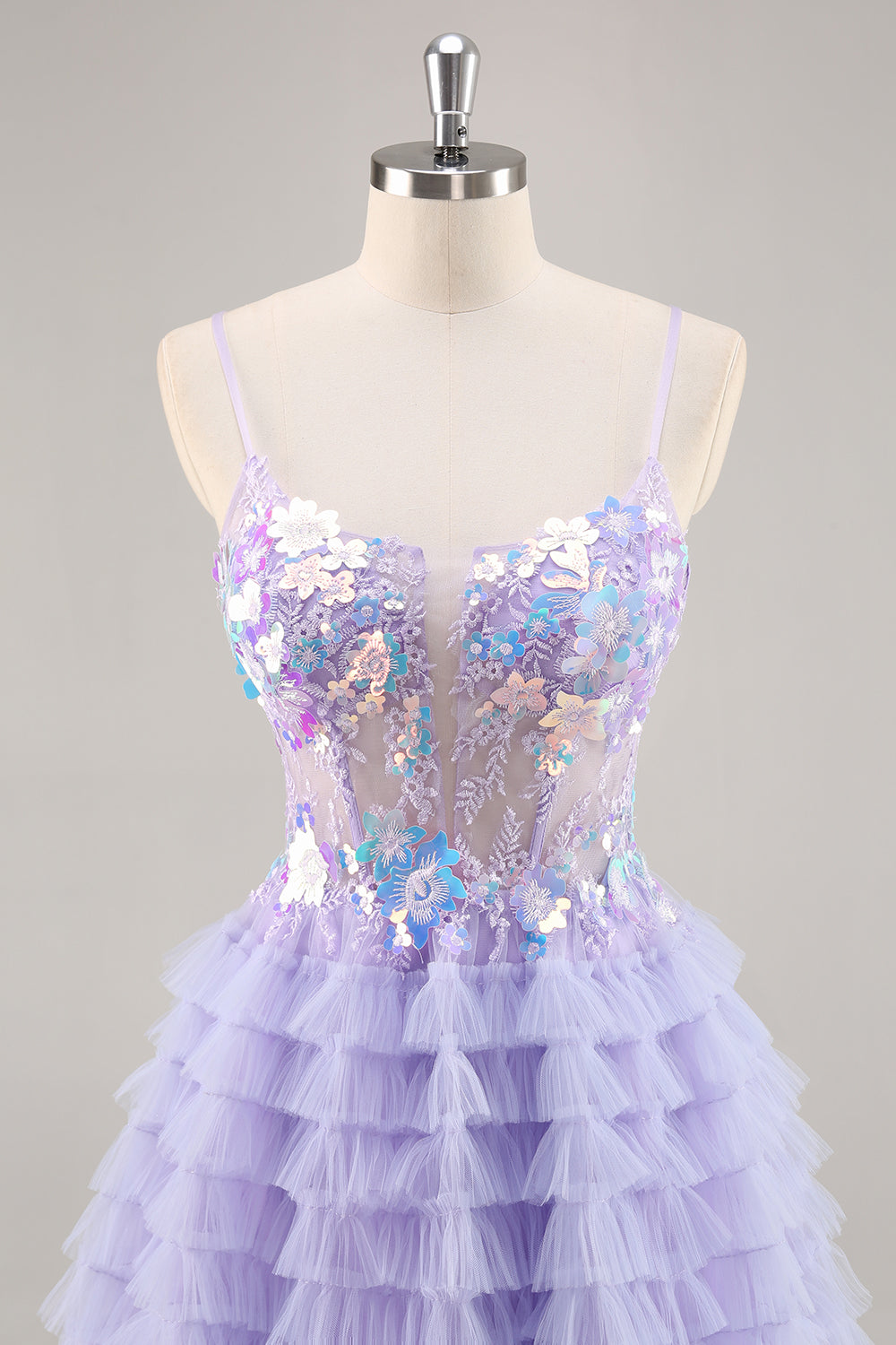 Purple Tulle Tiered A Line Short Prom Dress with Appliques
