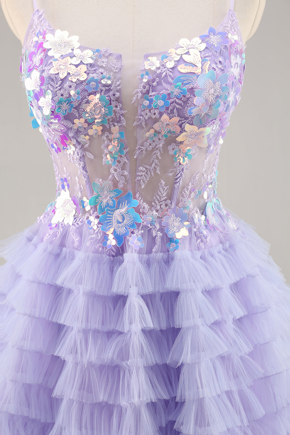 Purple Tulle Tiered A Line Short Prom Dress with Appliques