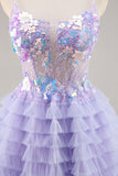Purple Tulle Tiered A Line Short Prom Dress with Appliques
