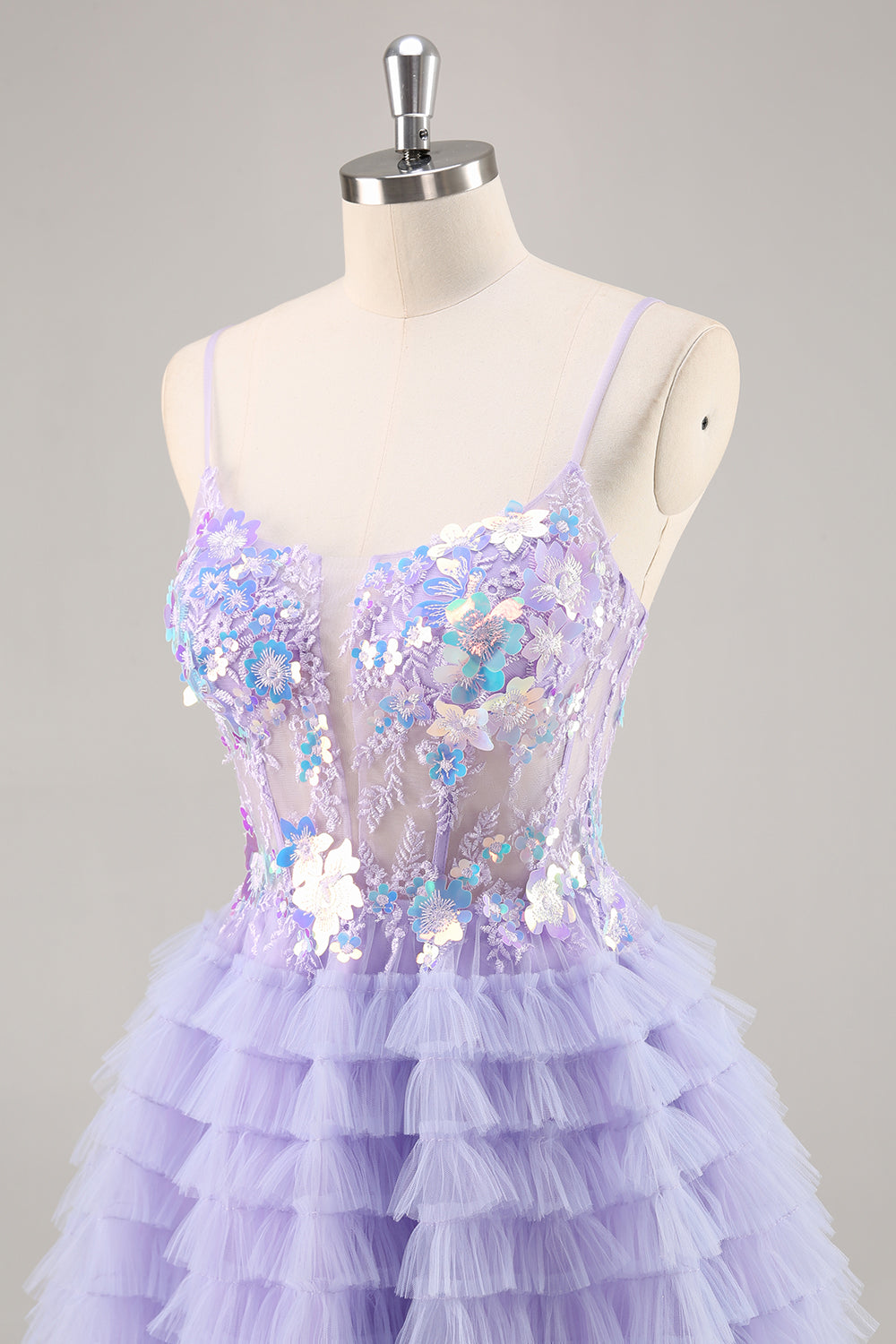 Purple Tulle Tiered A Line Short Prom Dress with Appliques