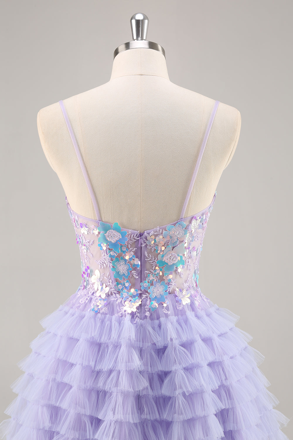 Purple Tulle Tiered A Line Short Prom Dress with Appliques