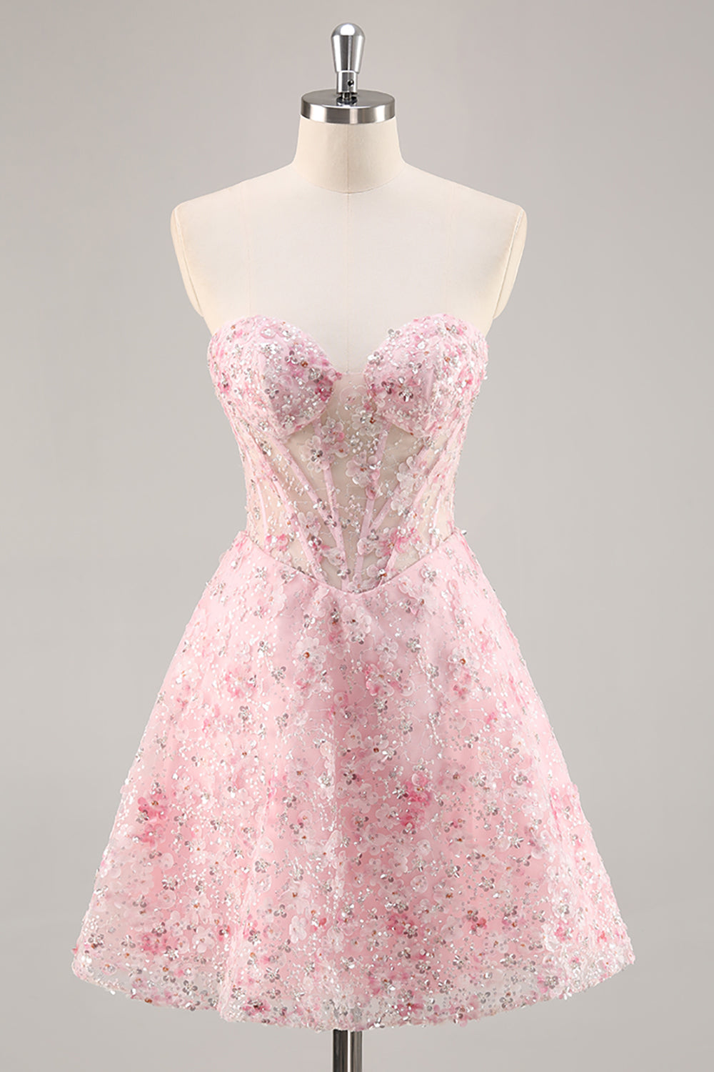 Pink Corset A Line Strapless Short Prom Dress with Appliques