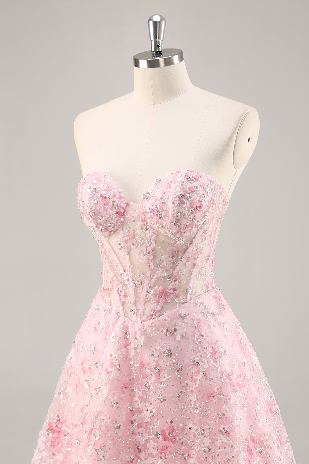 Pink Corset A Line Strapless Short Prom Dress with Appliques