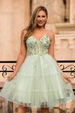 Green A Line Appliqued Corset Cocktail Dress