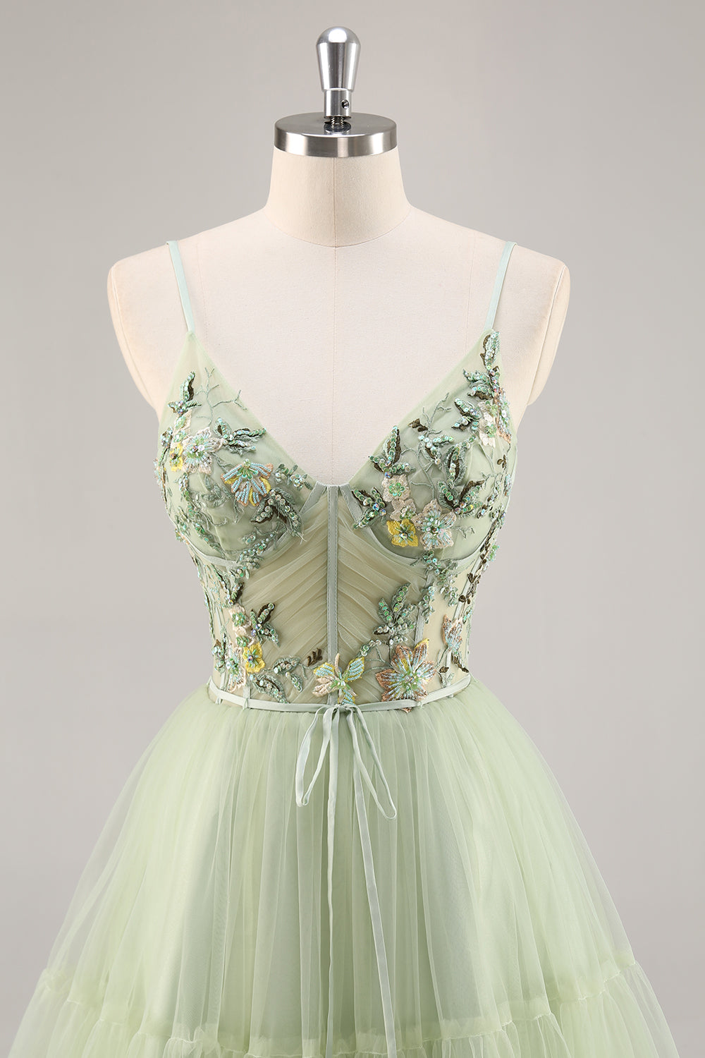Green Applique Corset A Line Short Prom Dress