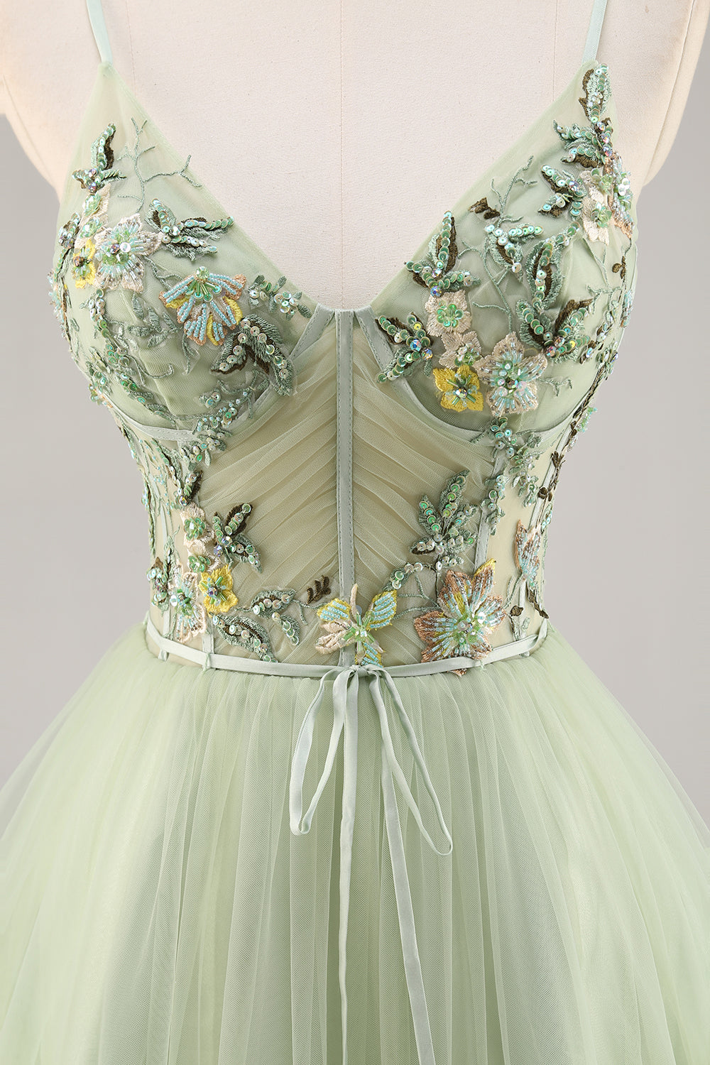 Green Applique Corset A Line Short Prom Dress