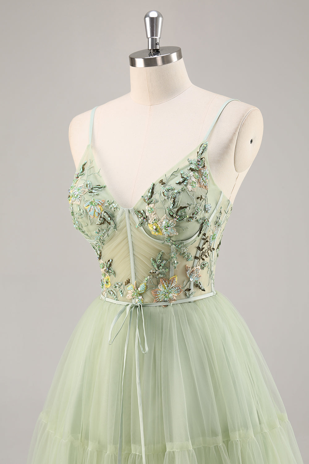 Green Applique Corset A Line Short Prom Dress