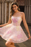 Sparkly Strapless Corset Sequins Pink Short Prom Dress with Appliques