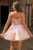 Sparkly Strapless Corset Sequins Pink Short Prom Dress with Appliques