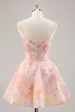 Sparkly Strapless Corset Sequins Pink Short Prom Dress with Appliques