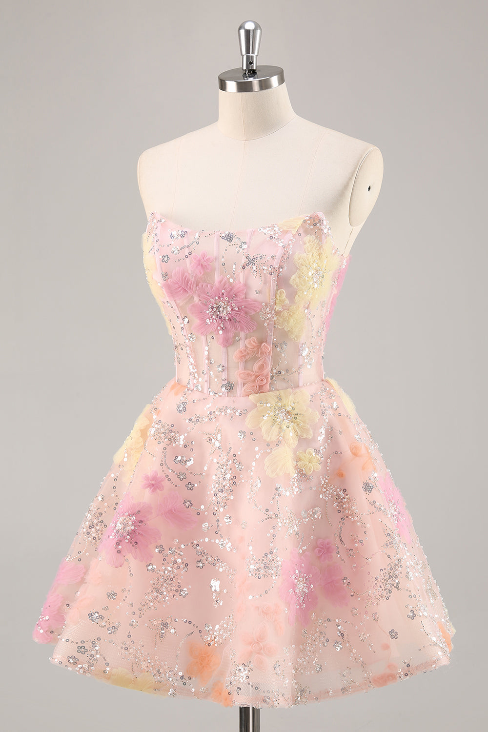 Floral Corset Sequin Strapless Pink Short Prom Dress