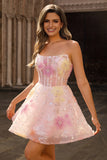 Sparkly Strapless Corset Sequins Pink Short Prom Dress with Appliques