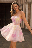 Sparkly Strapless Corset Sequins Pink Short Prom Dress with Appliques