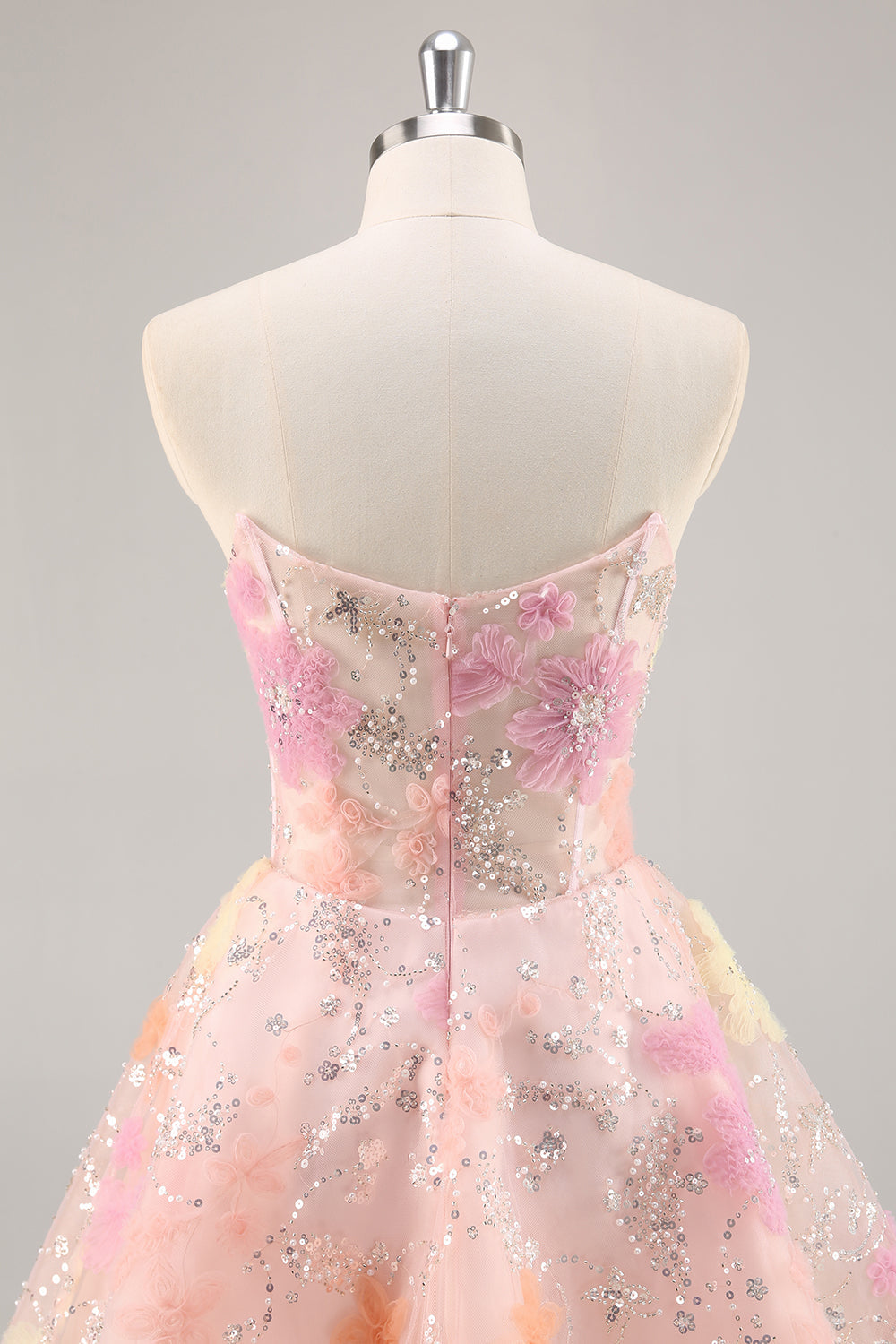 Floral Corset Sequin Strapless Pink Short Prom Dress
