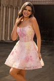 Sparkly Strapless Corset Sequins Pink Short Prom Dress with Appliques