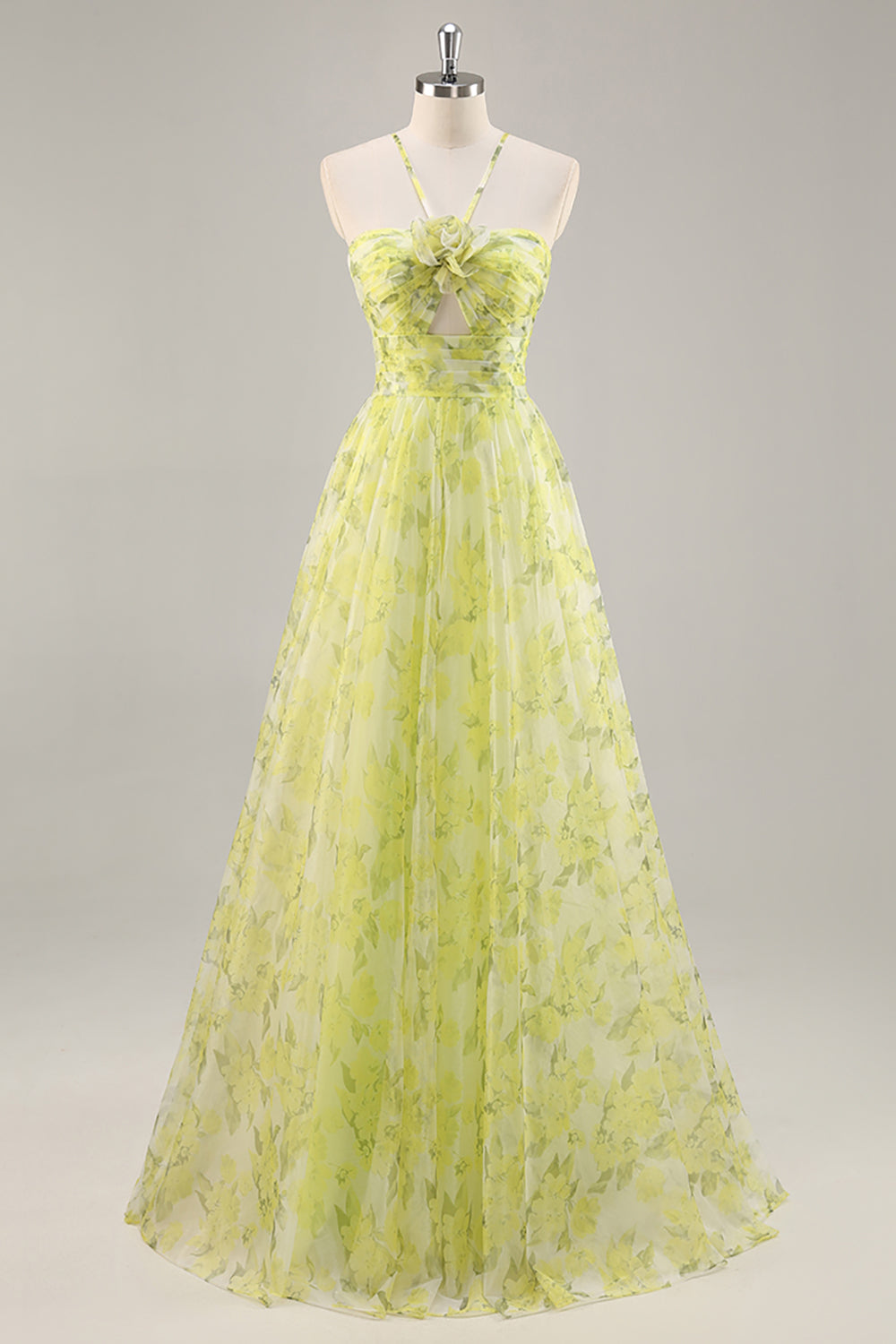 Yellow Green Floral A Line Cut Out Long Prom Dress