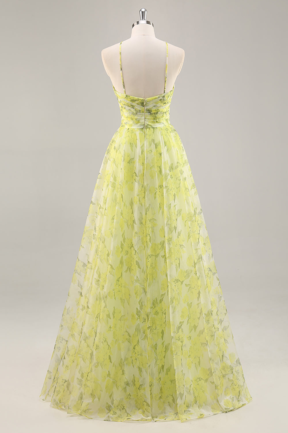 Yellow Green Floral A Line Cut Out Long Prom Dress